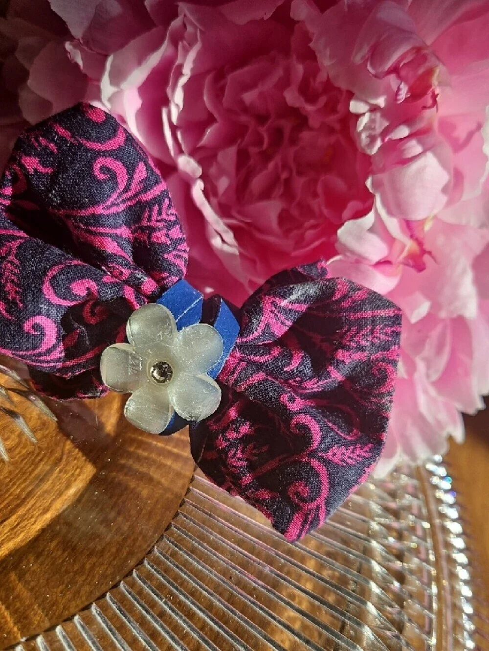 Hand Crafted Dog Collar Bow Tie Paisley Navy&Pink Flower Crystal NEW